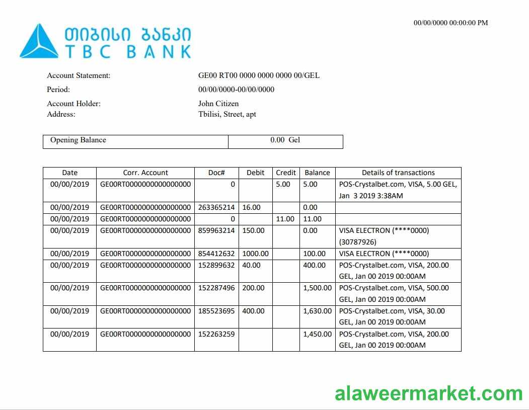 Georgia TBC bank proof of address statement template in Word and PDF format